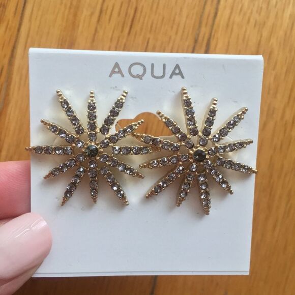 — Aqua — Starburst Gold-Plated Crystal Earrings - Picture 2 of 3